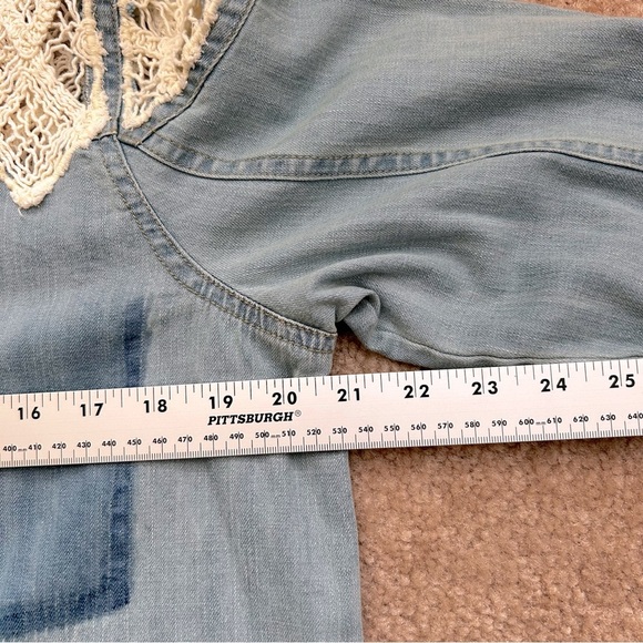 Fee People We The Free Denim Fields Crochet Long Sleeve Button Down Shirt - Picture 7 of 8